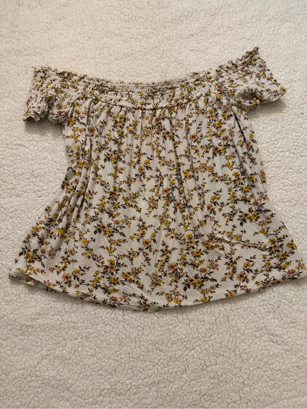American Eagle Outfitters Cream Off-Shoulder Floral Crop Top with Yellow Accents